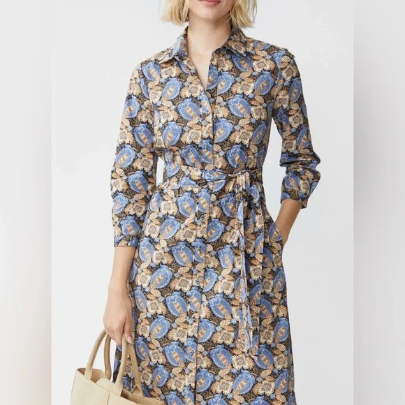 NWT! J. McLaughlin Louisa Dress in Camel/ Blue Pomegranate Grove Midi Dress XS - Picture 4 of 8